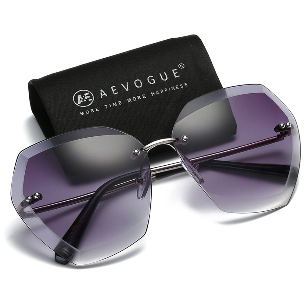 SILVER & GRAY ROUND SUNGLASSES OVERSIZED RIMLESS - Picture 3 of 5